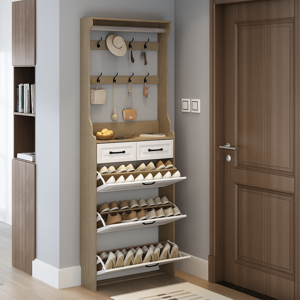 Shoe Organizer with Hooks and Drawers