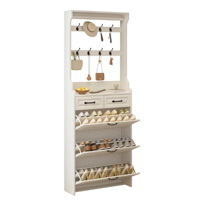 Shoe Organizer with Hooks and Drawers