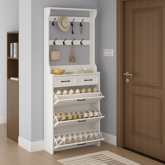 Shoe Organizer with Hooks and Drawers