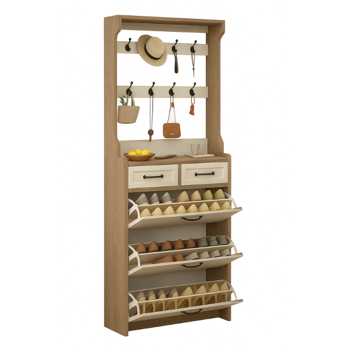 Shoe Organizer with Hooks and Drawers
