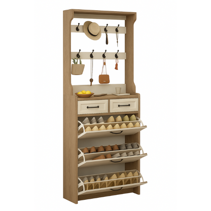 Shoe Organizer with Hooks and Drawers